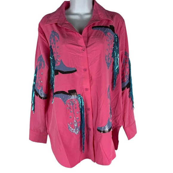Blue B. Womens Pink Button-Up Shirt Sequin Cowgirl Boot Details & Fringe Size S - Picture 1 of 8